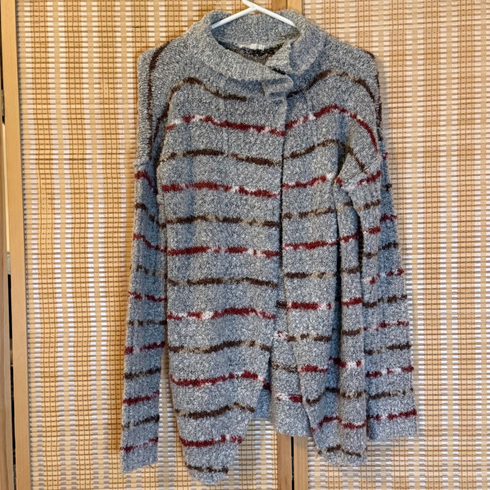 Mystree Grey Striped Boucle Knit Asymmetrical Snap Front Cardigan Sweater Medium